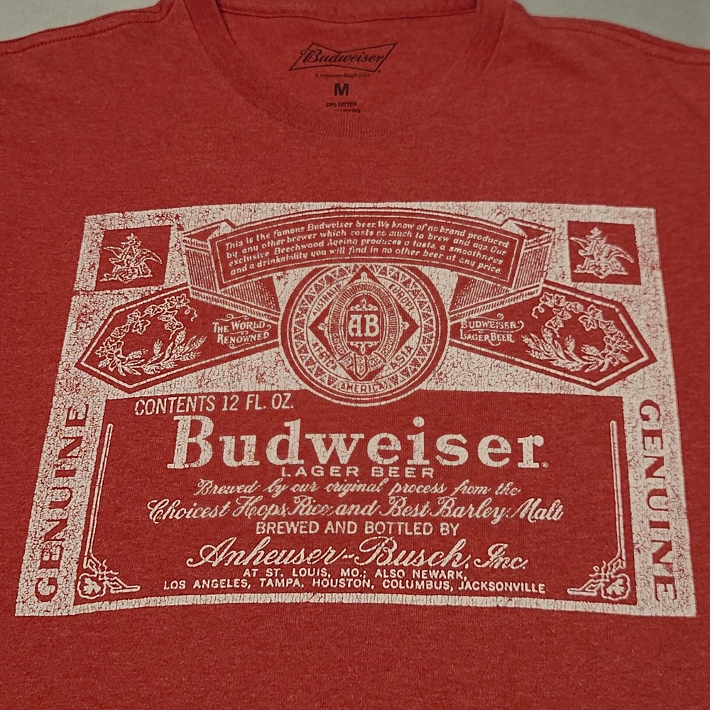 Budweiser Graphic T-Shirt Mens Medium Red Heathered Beer Label Logo Short Sleeve